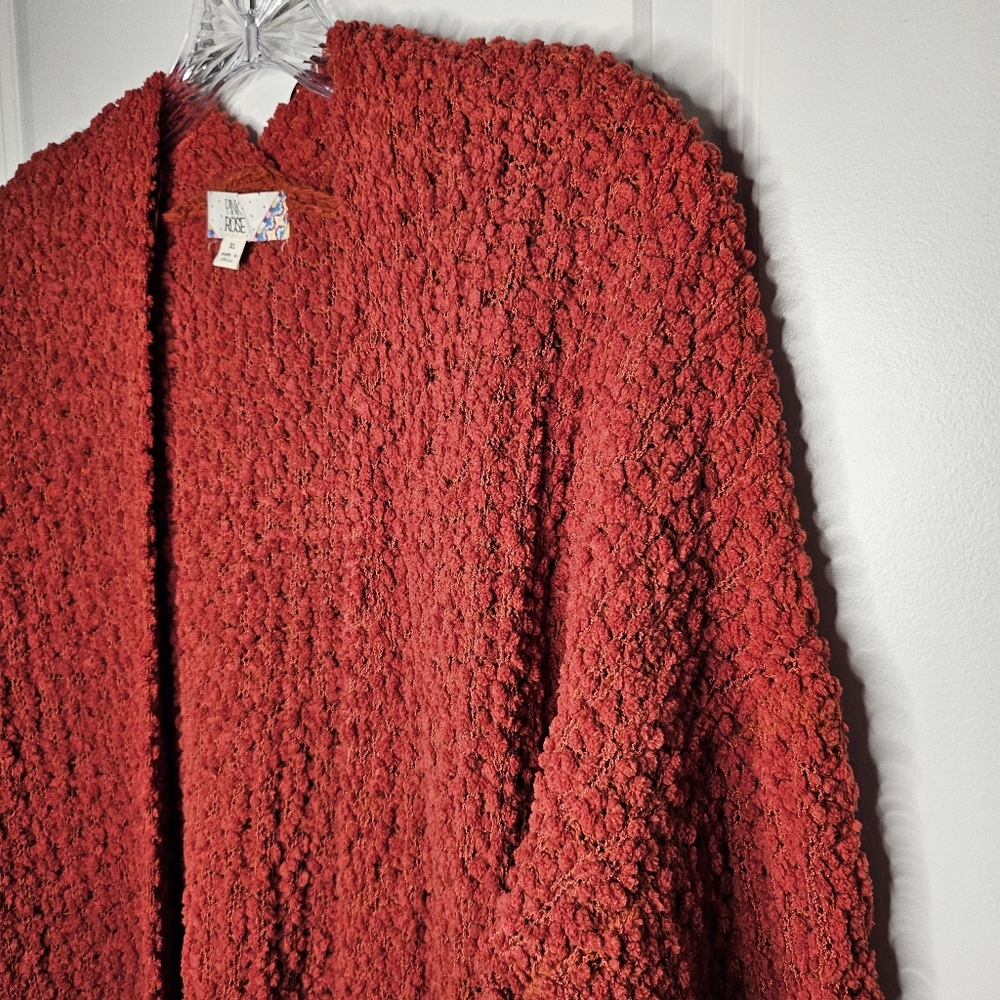 Pink Rose XL Popcorn Knit Open Front Long Soft Cardigan Sweater Pockets Cozy - Picture 3 of 8
